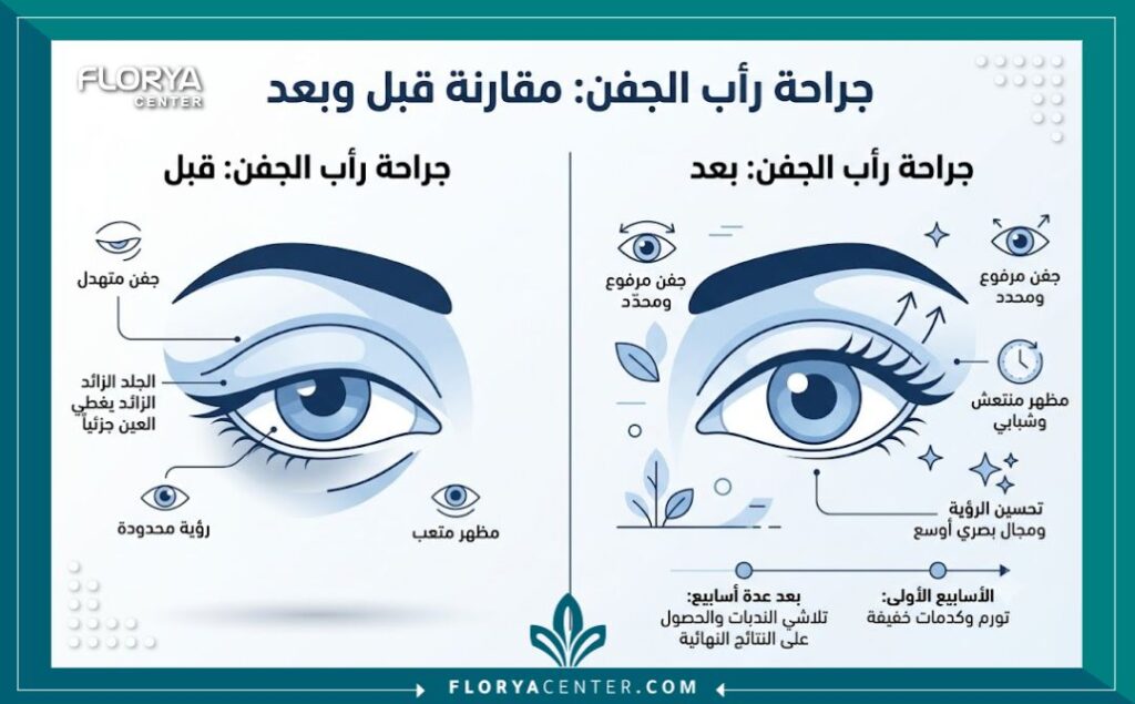 إنفوجرافيك يوضح مقارنة قبل وبعد عملية تجميل الجفون ومراحل التعافي السريعة.