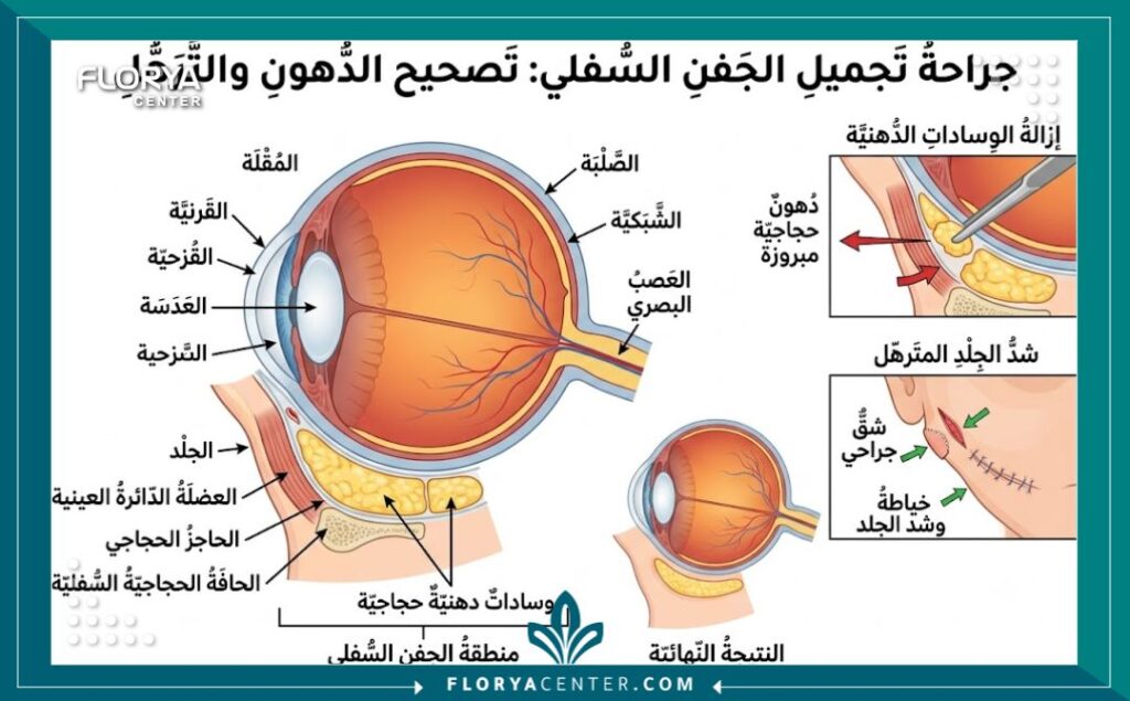 رسم توضيحي طبي لتركيب العين يشرح خطوات عملية إزالة الدهون وشد الجفن السفلي المترهل.
