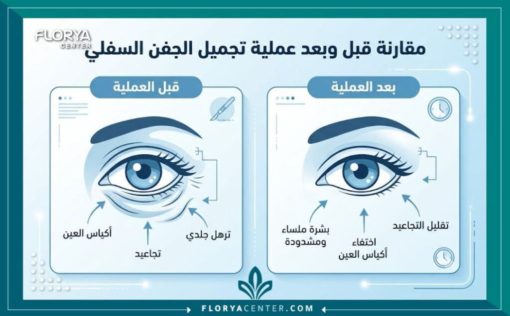 إنفوجرافيك يقارن بين حالة العين قبل وبعد عملية شد الجفن السفلي المترهل للتخلص من الهبوط أسفل العين بوضوح.