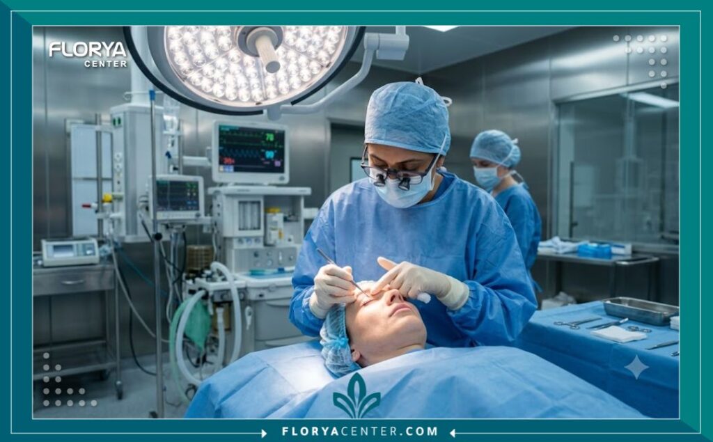 غرفة عمليات حديثة ومجهزة في مستشفى تجميل لإجراء جراحة شد الجفن السفلي المترهل بأعلى معايير الأمان.