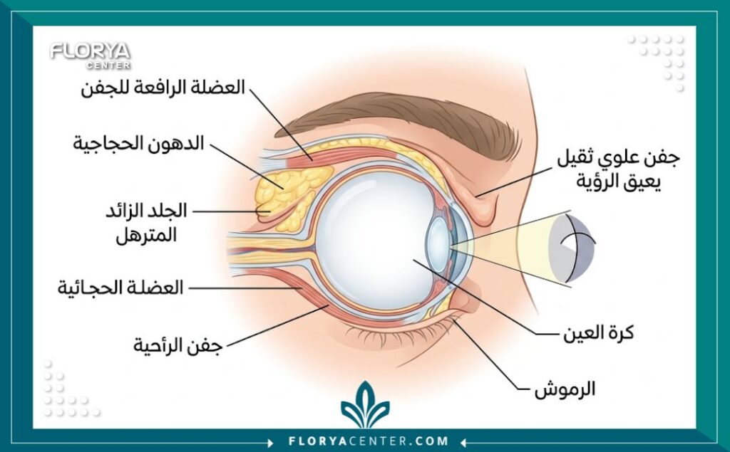 رسم توضيحي طبي لتشريح الجفن العلوي المترهل عند الرجال (Dermatochalasis) يوضح العضلات والدهون والجلد الزائد الذي يثقل العين.