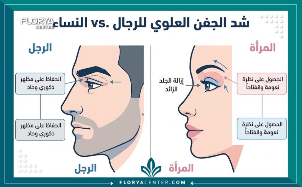 انفوجرافيك طبي يوضح الفرق في التقنية والنتائج بين شد الجفن العلوي للرجال (الحفاظ على الحدة) والنساء (النعومة).