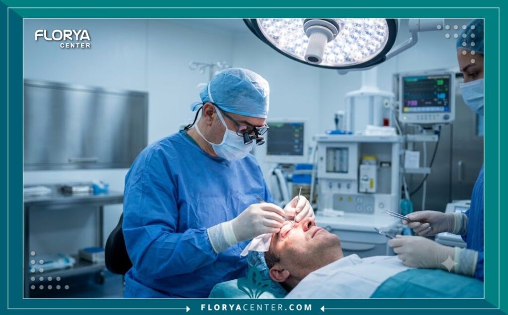 طبيب تجميل متخصص يجري عملية شد الجفن العلوي لمريض رجل بدقة متناهية داخل غرفة عمليات معقمة ومتطورة في اسطنبول.