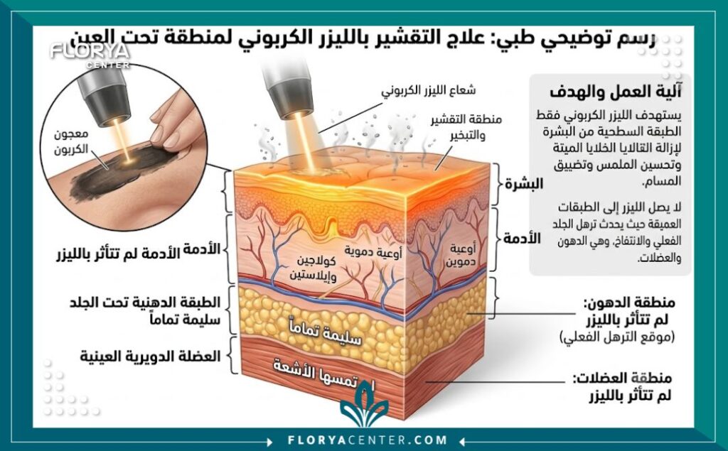 رسم توضيحي طبي لطبقات الجلد يشرح تأثير الليزر الكربوني السطحي على الجفون السفلية مقارنة بعمليات شد الجفون السفلية بالليزر الكربوني العميقة.