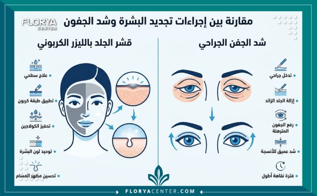 إنفوجرافيك يقارن بين فوائد الليزر الكربوني في نضارة الجفون السفلية والطرق الطبية الصحيحة لشد الترهلات.
