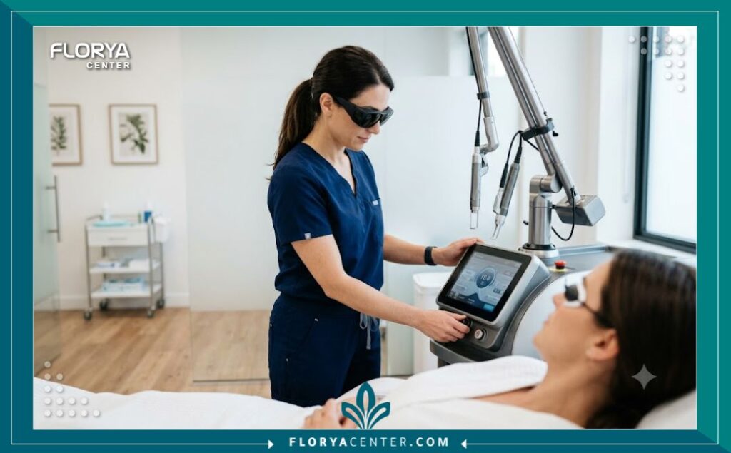 طبيب جلدية متخصص في عيادة تجميل مجهزة بأحدث أجهزة الليزر الكربوني للعناية بالبشرة.