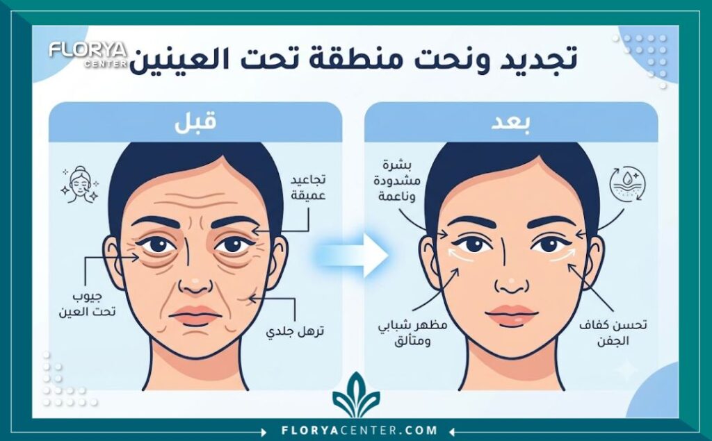 شد الجفون السفلية وازالة الدهون في اسطنبول 3 إنفوجرافيك يقارن بين حالة العين المترهلة والجيوب الدهنية وكيف تصبح مشدودة وشابة بعد شد الجفون السفلية وازالة الدهون.