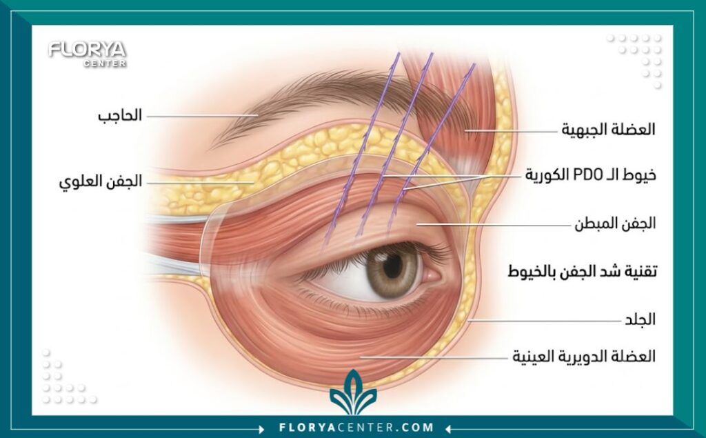 رسم توضيحي طبي يشرح تشريح العين وآلية رفع الحاجب لعلاج الجفن المبطن باستخدام الخيوط الكورية الدقيقة.