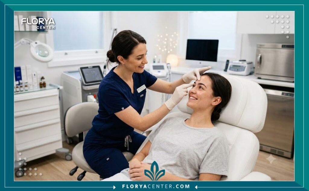 طبيبة تجميل مختصة تقوم بفحص الجفون وتقييم حالة المريضة قبل البدء بجلسة شد الجفون بالخيوط الكورية في العيادة.
