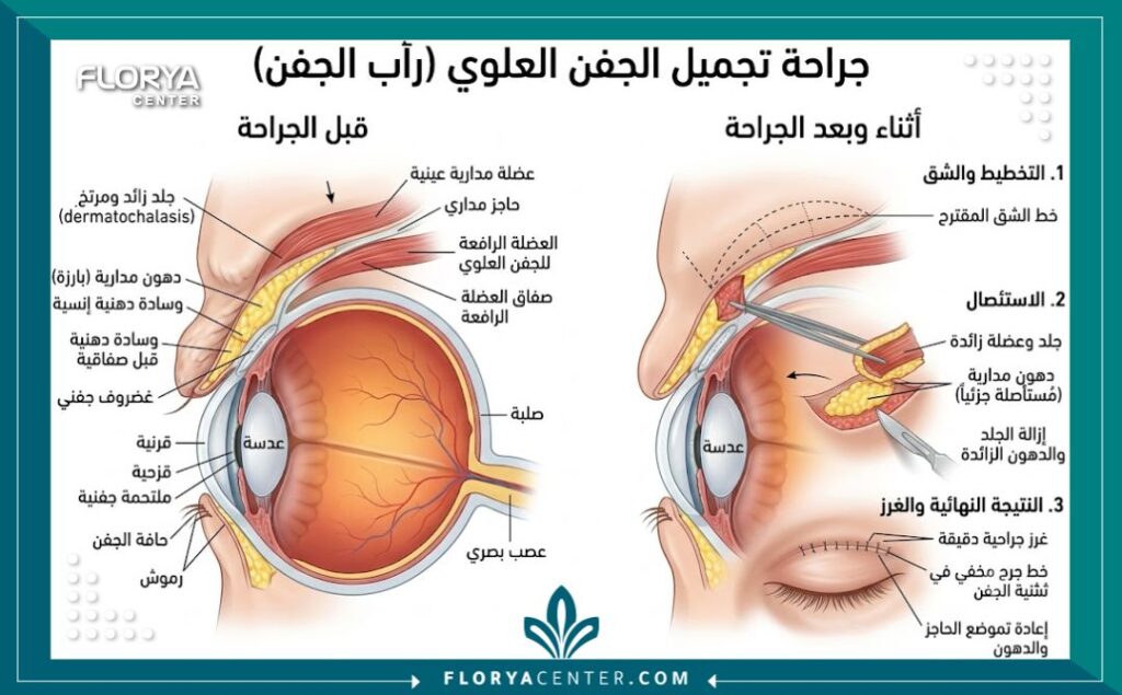 رسم توضيحي طبي لخطوات قص الجلد والدهون الزائدة في جراحة شد الجفن العلوي المبطن.