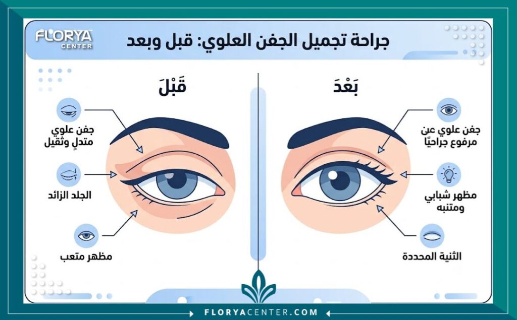 إنفوجرافيك يقارن بين شكل العين المبطنة قبل وبعد التدخل الجراحي لشد الجفون العلوية للحصول على نتيجة نهائية.