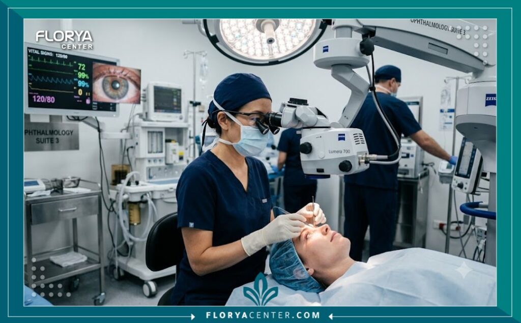 غرفة عمليات حديثة ومجهزة بأحدث التقنيات في مستشفى تجميل في تركيا لإجراء جراحة شد الجفون.