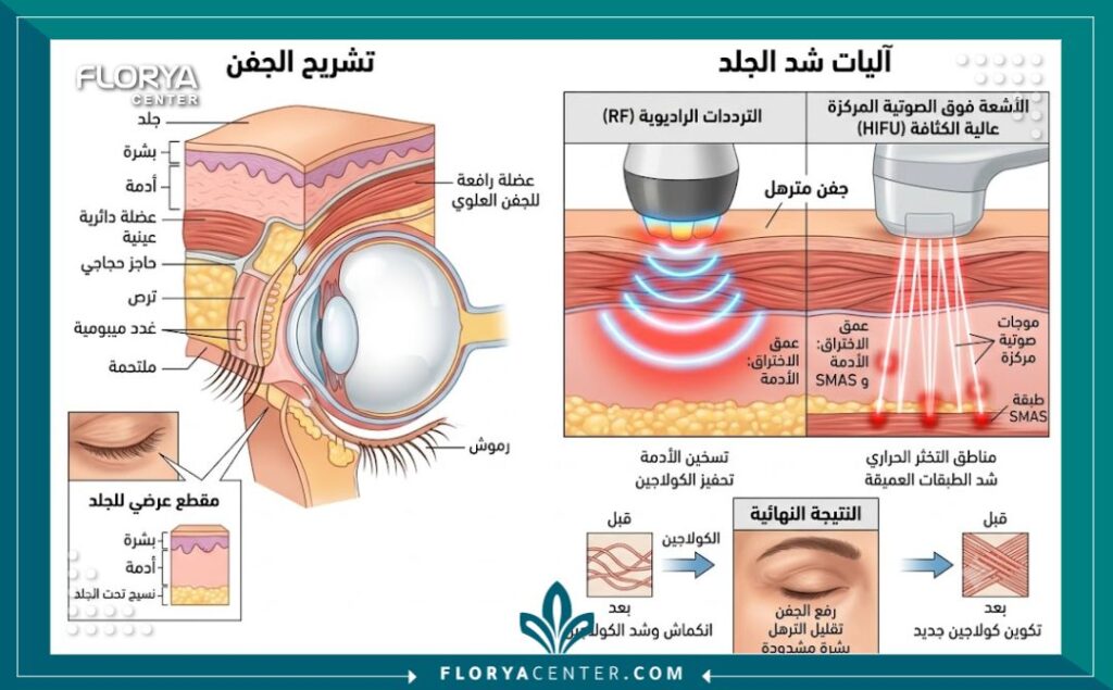رسم توضيحي طبي لطبقات الجلد يوضح كيفية عمل أجهزة الهايفو والتردد الراديوي لشد الجفون المترهلة.