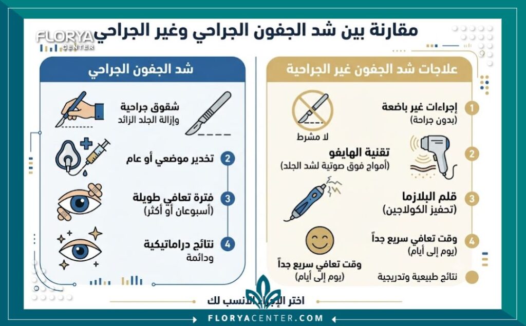 إنفوجرافيك يقارن بين عملية شد الجفون الجراحية والبدائل غير الجراحية مثل البلازماج والهايفو.