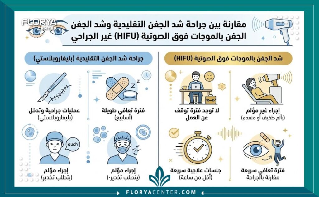 إنفوجرافيك يقارن بين الجراحة التقليدية وتقنية شد الجفون باستخدام الموجات فوق الصوتية بدون فترة نقاهة.