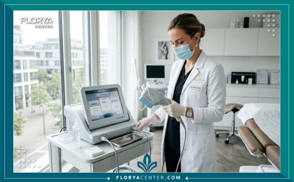 طبيب متخصص داخل عيادة تجميل حديثة يجهز جهاز الهايفو لإجراء شد الجفون باستخدام الموجات فوق الصوتية.