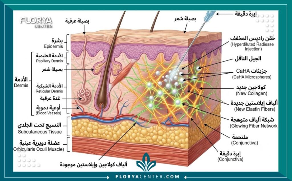 رسم توضيحي طبي لطبقات الجلد يوضح كيف تعمل تقنية الراديس المخفف على تحفيز الكولاجين وزيادة سماكة الجلد الرقيق لشد الجفون.