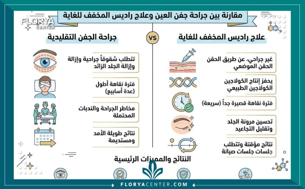 إنفوجرافيك يقارن بين الجراحة واستخدام إبر الراديس المخفف لشد الجفون من حيث فترة النقاهة وتحفيز الكولاجين والنتائج.