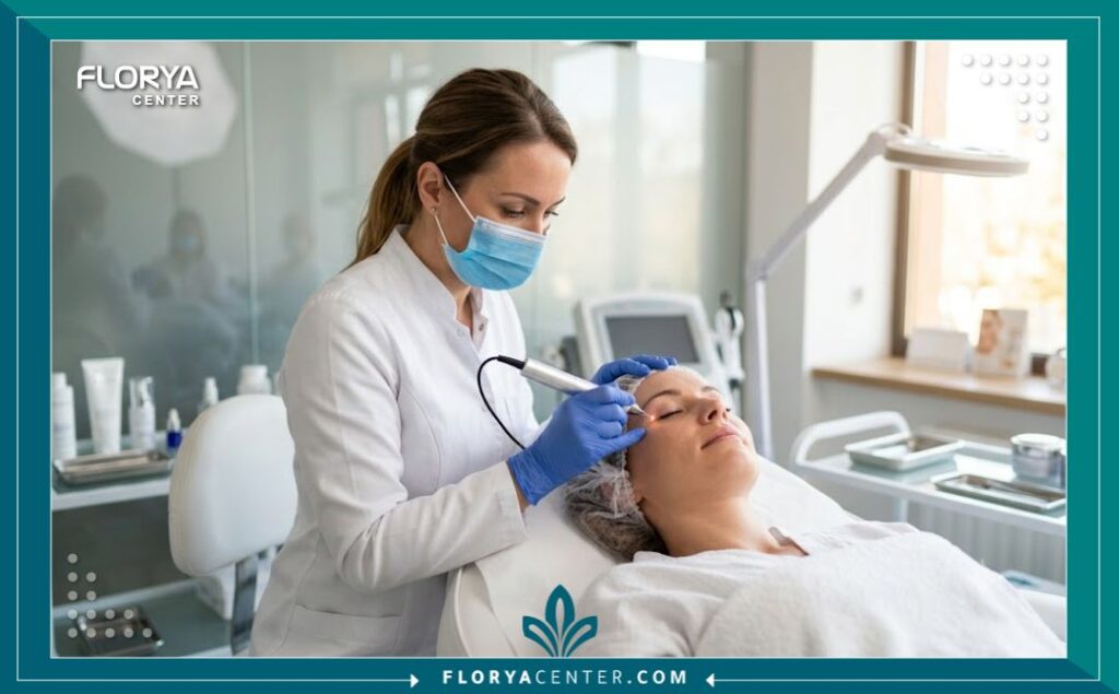 طبيب جلدية متخصص يستخدم جهاز البلازما جيت لعلاج ترهل الجفون في عيادة تجميل حديثة