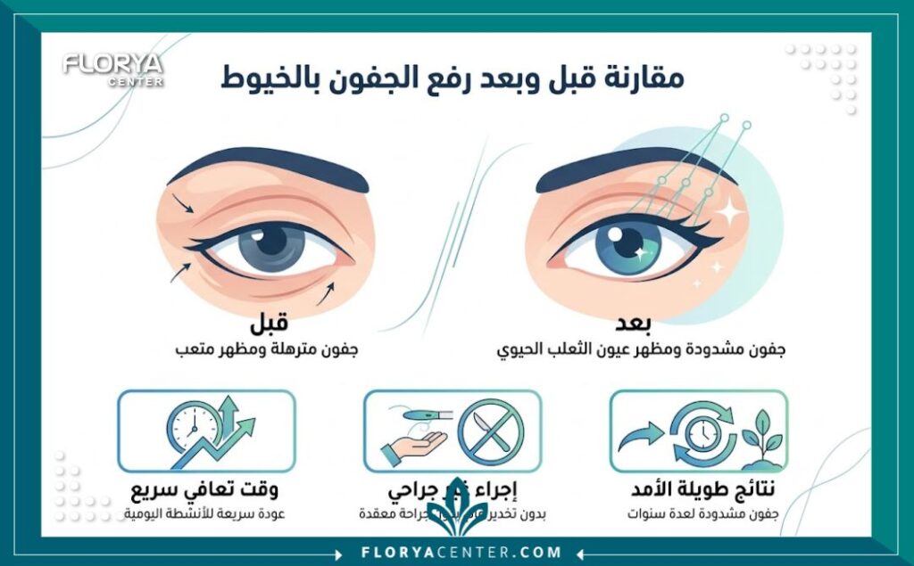 شد الجفون بالخيوط في اسطنبول 3 إنفوجرافيك يقارن بين شكل العين قبل وبعد عملية شد الجفون بالخيوط بدون جراحة مع إبراز مميزات الإجراء.