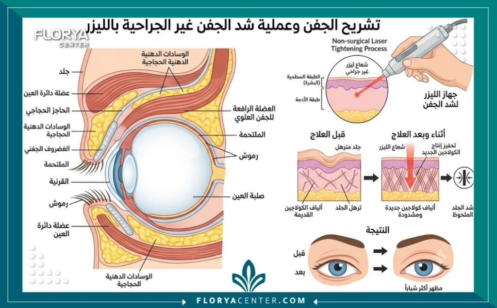 شد الجفون بالليزر في اسطنبول 2 رسم توضيحي طبي لطبقات الجلد يوضح كيفية عمل تقنية شد الجفون بالليزر وتحفيز الكولاجين بدون جراحة.