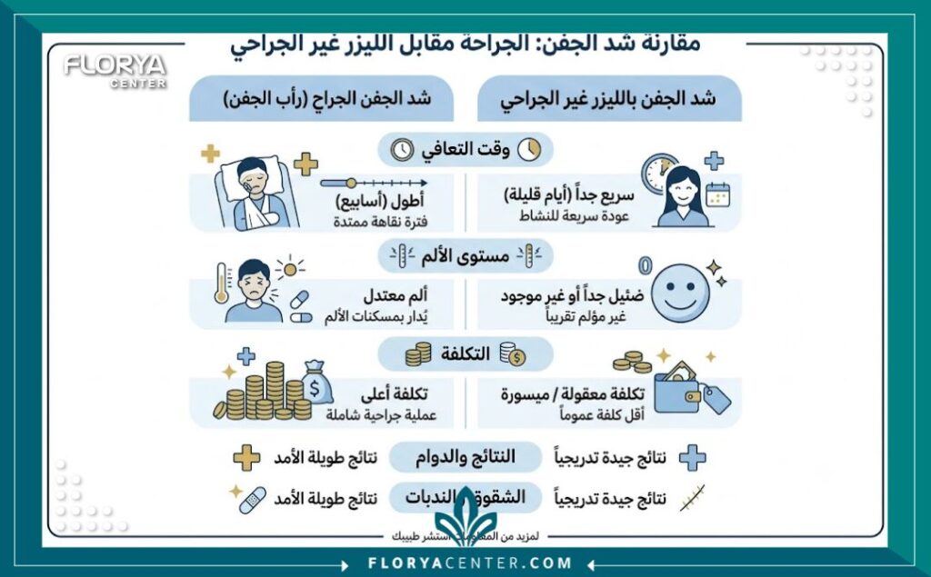 شد الجفون بالليزر في اسطنبول 3 إنفوجرافيك يقارن بين عملية التجميل الجراحية وشد الجفون بالليزر في اسطنبول من حيث سرعة التعافي والتكلفة.