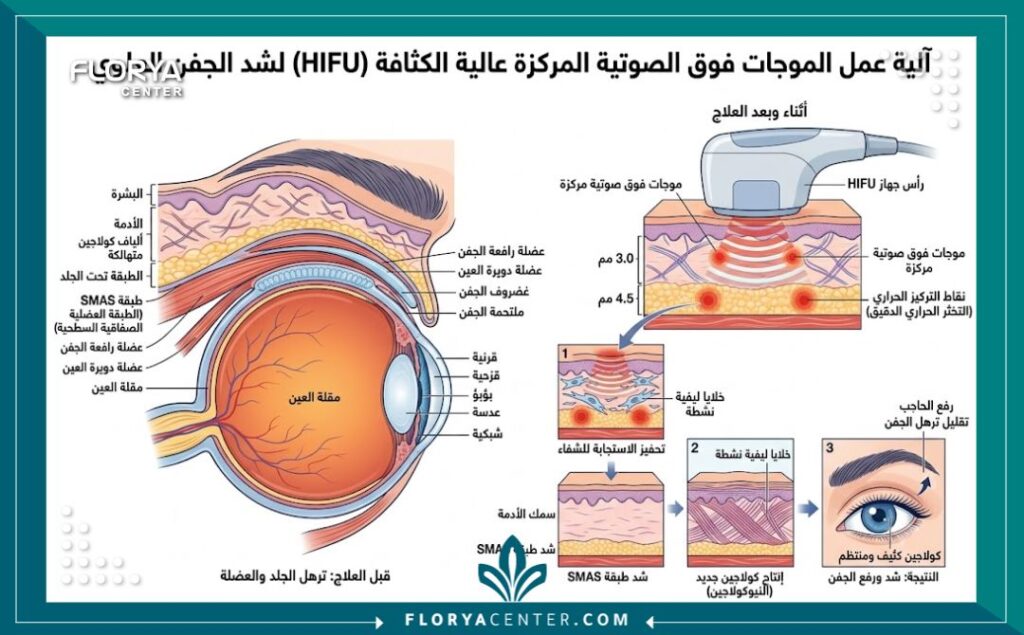 رسم توضيحي طبي يوضح كيفية عمل موجات الهايفو لشد ترهلات الجفون وتحفيز الكولاجين بأمان.