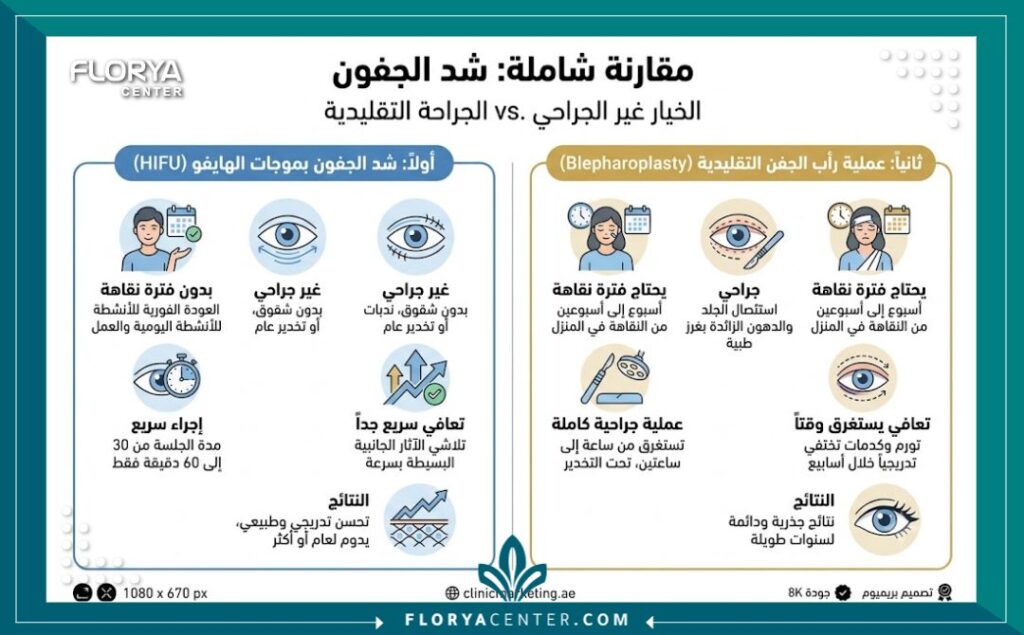 إنفوجرافيك يقارن بين شد الجفون بالهايفو كبديل سريع وآمن وعملية قص الجفون التقليدية.