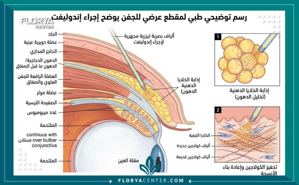شد الجفون بتقنية الاندولفت في اسطنبول 2 رسم توضيحي طبي يوضح آلية عمل ليزر الاندولفت تحت الجلد لإذابة دهون الجفون وشد الترهلات وتحفيز الكولاجين.