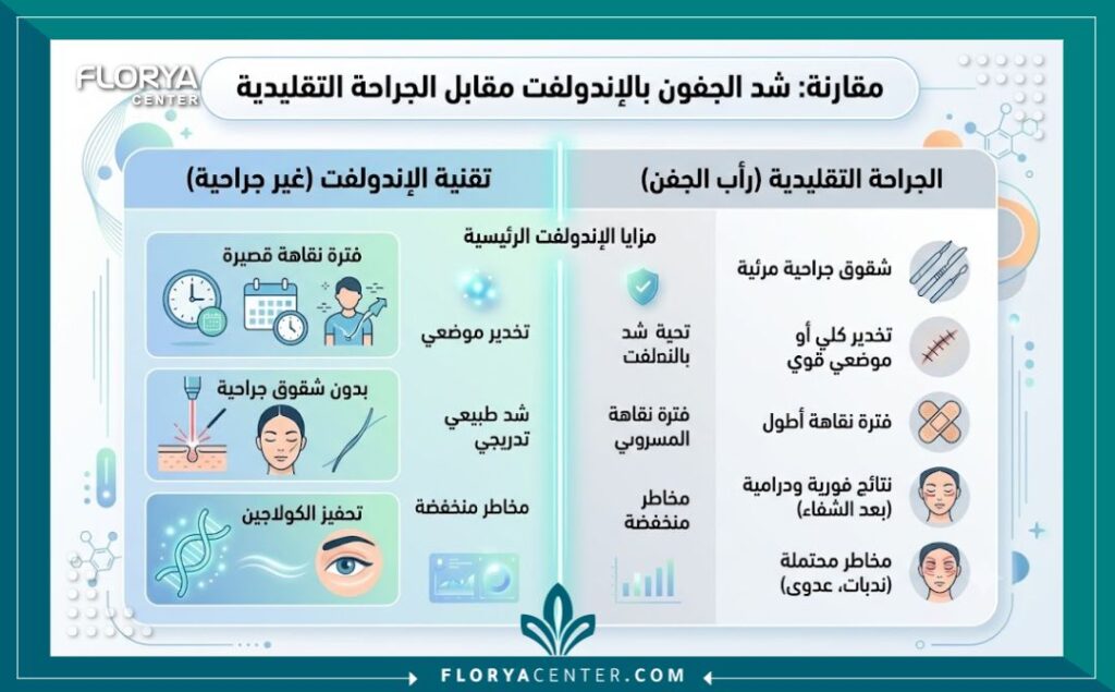 شد الجفون بتقنية الاندولفت في اسطنبول 3 إنفوجرافيك يقارن بين الجراحة التقليدية وتقنية الاندولفت الإيطالية لشد الجفون مبرزاً مميزات عدم التدخل الجراحي وسرعة التعافي.