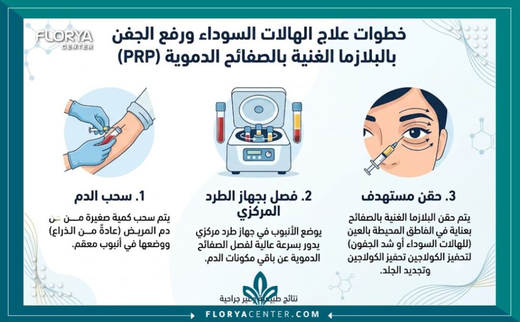 إنفوجرافيك يشرح خطوات علاج الهالات السوداء وتفتيح منطقة حول العين باستخدام البلازما الطبيعية الخالية من المواد الكيميائية.