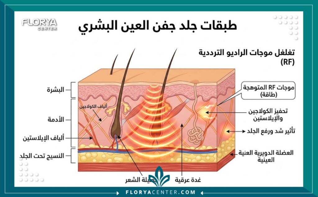 رسم توضيحي طبي يوضح كيف تعمل الترددات الراديوية على اختراق طبقات الجلد وتحفيز الكولاجين لشد ترهلات العين.