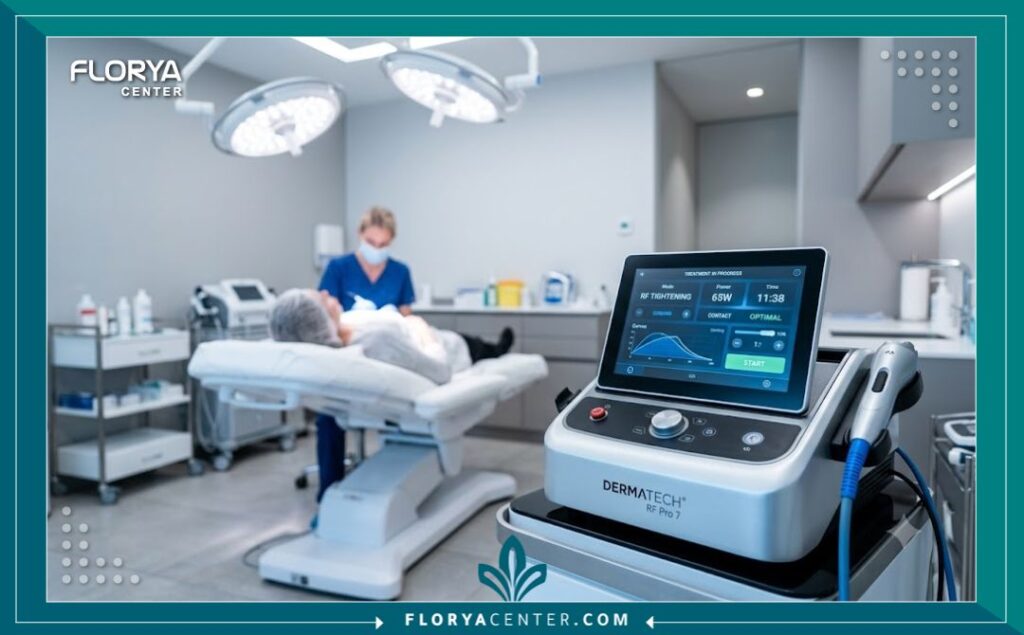 غرفة علاج مجهزة بأحدث أجهزة الترددات الراديوية لشد الوجه والأجفان في أفضل عيادات التجميل.