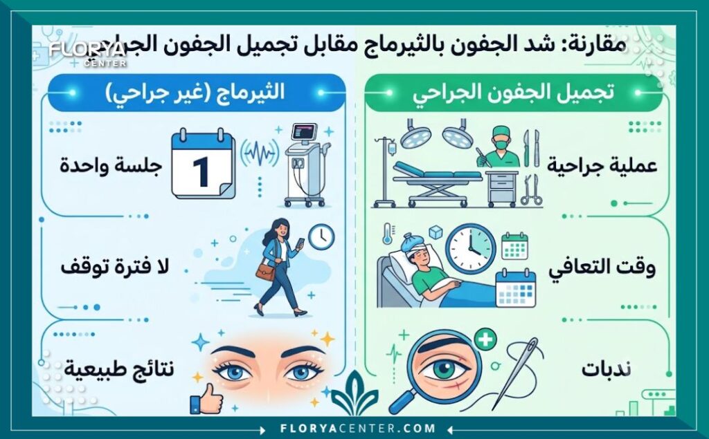 شد الجفون بتقنية الثرماج 3 إنفوجرافيك مقارنة بين شد الجفون بتقنية الثرماج وجراحة شد الجفون التقليدية باللغة العربية.