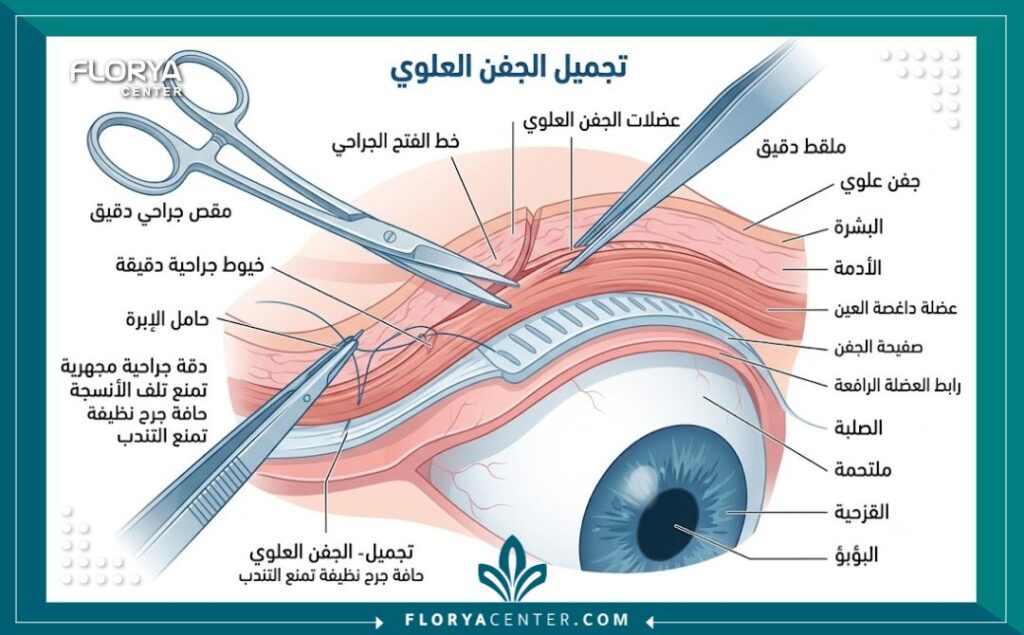 رسم توضيحي طبي مفصل يوضح تشريح العين ودقة أدوات شد الجفون بتقنية المايكرو جراحة لمنع الندبات.