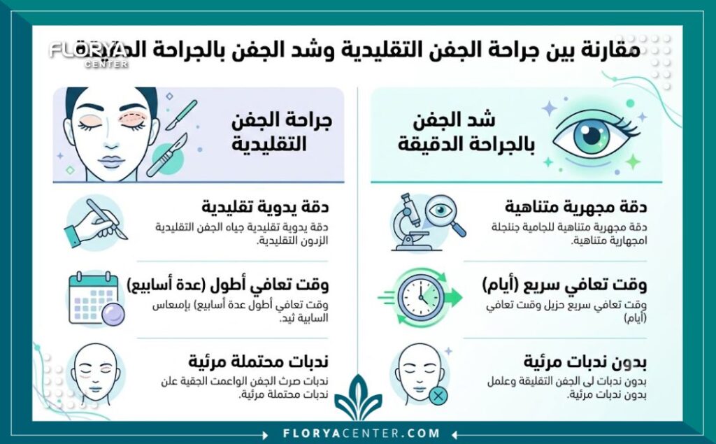 إنفوجرافيك طبي يقارن بين الجراحة التقليدية وعملية شد الجفون بتقنية المايكرو جراحة من حيث الدقة وسرعة التعافي.