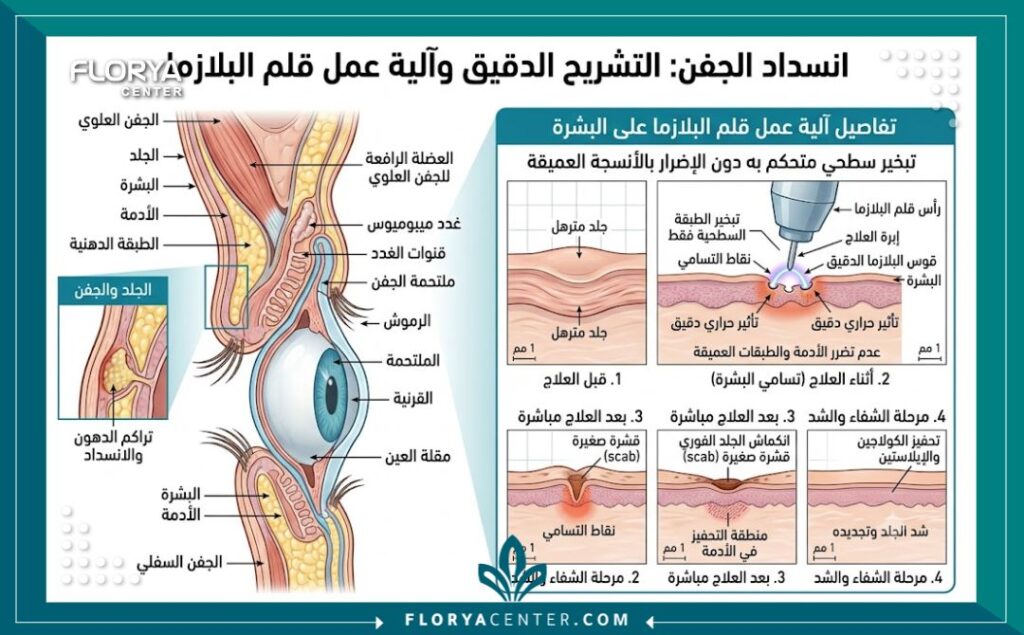 شد الجفون بتقنية بلازماج الإيطالية 2 رسم توضيحي طبي يشرح آلية عمل جهاز البلازماج الإيطالي في تبخير ترهلات الجفون الدقيقة دون حرق الطبقات العميقة.