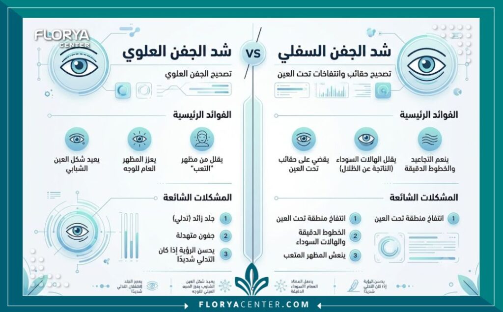 شد الجفون في اسطنبول 3 إنفوجرافيك يقارن بين شد الجفون العلوية والسفلية والمميزات التي تقدمها عيادات التجميل في تركيا.