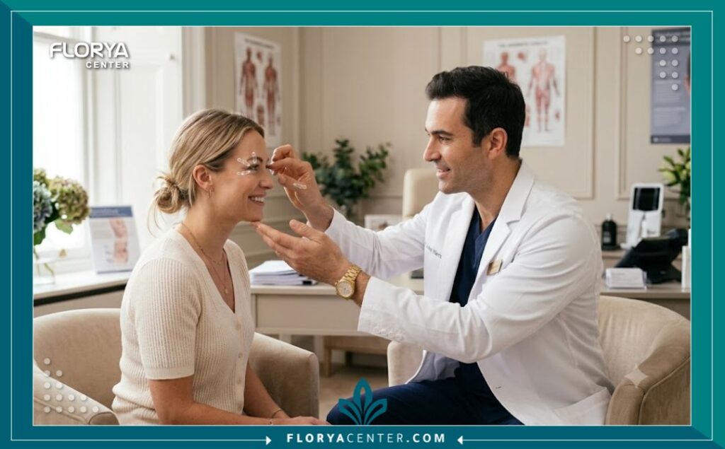 شد الجفون في اسطنبول 5 طبيب تجميل متخصص يشرح تفاصيل جراحة تجميل الجفون لمريضة خلال جلسة استشارة في عيادة تركية.