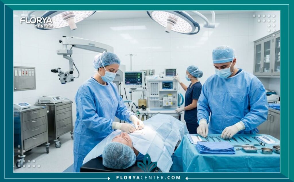 غرفة عمليات حديثة ومعقمة ومجهزة بالكامل لإجراء جراحة تجميل وشد الجفون بأمان تام.