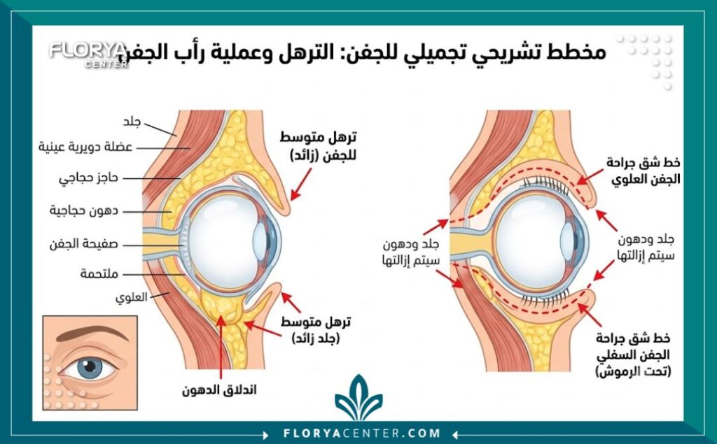 رسم توضيحي طبي يوضح درجات ترهل الجفون لسن الأربعين ومناطق الشق الجراحي في عملية رأب الجفن.