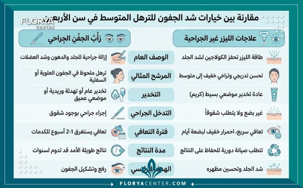 إنفوجرافيك يقارن بين تقنيات شد الجفون العلوية والسفلية لسن الأربعين في تركيا، الجراحة مقابل الليزر.