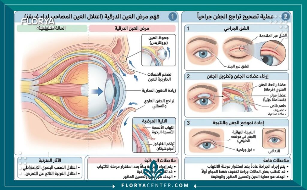 رسم توضيحي تشريحي يشرح تأثير مرض جرافز على العين وكيفية تصحيح تراجع الجفن عبر عملية شد الجفون لمرضى الغدة الدرقية.