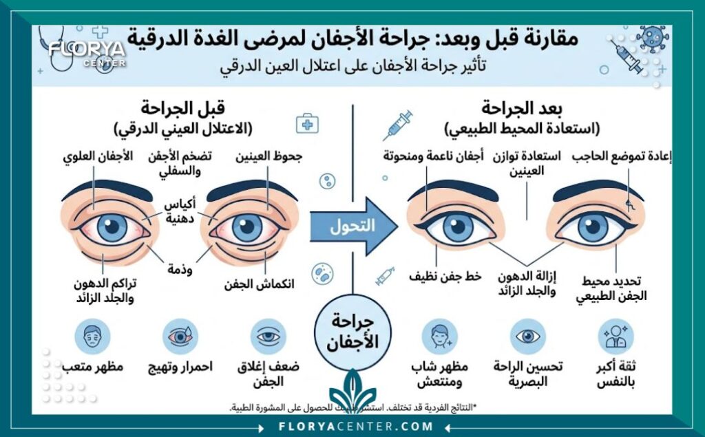 إنفوجرافيك يوضح مقارنة قبل وبعد جراحة شد الجفون لمرضى الغدة الدرقية ومراحل تحسن مظهر العين.
