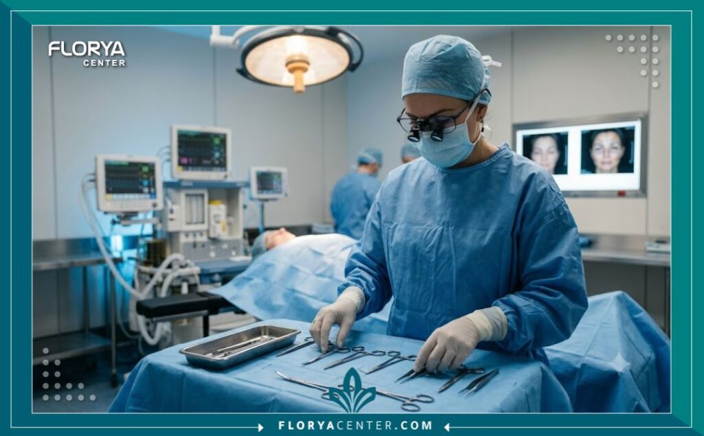 شد الجلد المترهل فوق العين 4 طبيب جراحة تجميل داخل غرفة عمليات مجهزة بأحدث التقنيات الطبية استعداداً لإجراء جراحة شد الجلد المترهل فوق العين بأمان.