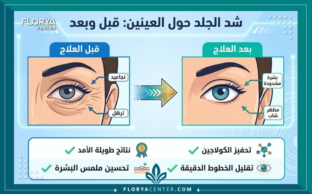 شد الجلد حول العين في تركيا 4 إنفوجرافيك يوضح مقارنة بين شكل العين "قبل العلاج" حيث الترهل والتجاعيد، و"بعد العلاج" حيث البشرة مشدودة ومظهر شاب، مع ذكر الفوائد بالعربية.