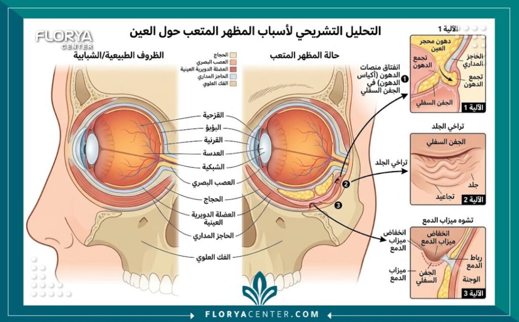 مخطط تشريحي يوضح أسباب مظهر العيون المتعبة في عملية شد العيون المجهدة في تركيا، بما في ذلك الأكياس الدهنية وترهل الجلد وتجويف الدمع
