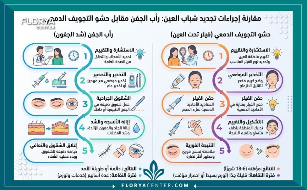 إنفوجرافيك يوضح خطوات خطة علاجية نموذجية لشد العيون المجهدة في تركيا: الاستشارة، شد الجفون، فيلر تجويف الدمع، والتعافي