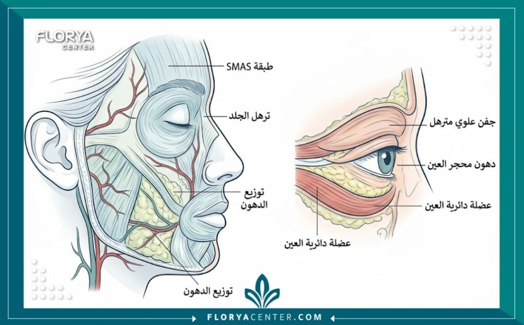 مخطط طبي يوضح تشريح الوجه والجفون والمناطق المستهدفة في عملية الشد المشتركة في تركيا.
