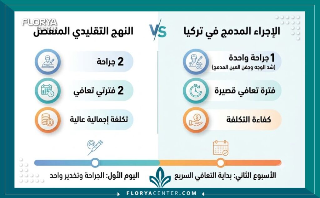 إنفوجرافيك يقارن بين إجراء شد الوجه والجفون المنفصل مقابل العملية المدمجة في تخدير واحد في تركيا.